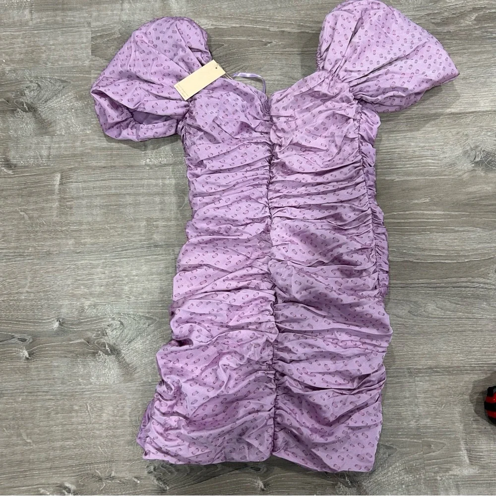 HUTCH x Anthropologie Wren Mini Dress Lilac Ruched Off the Shoulder Dress - Picture 9 of 12